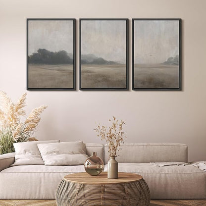 MUDECOR Framed Wall Art Print Set Serene MeadowTranquil Landscape with Foggy Fields and Distant Trees Illustrations Realism Decorative for Living Room, Bedroom, Office - 24"x36"x3 Black