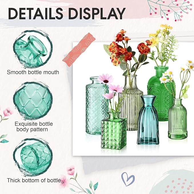 Yaomiao 60 Pcs Vases Bulk Colored Flower Glass Vases Bud Vintage Colored Glass Bottles Colorful Rustic Embossed for Home Wedding Table Decorations Gifts (Green Series)
