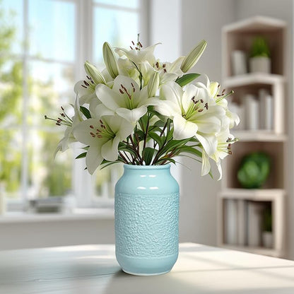 Blue Ceramic Vase for Home Decor - 9 Inch Textured Flower Vase for Table Centerpiece - Modern Decorative Pottery Vases for Flowers, Living Room, Shelf, Mantle Decor