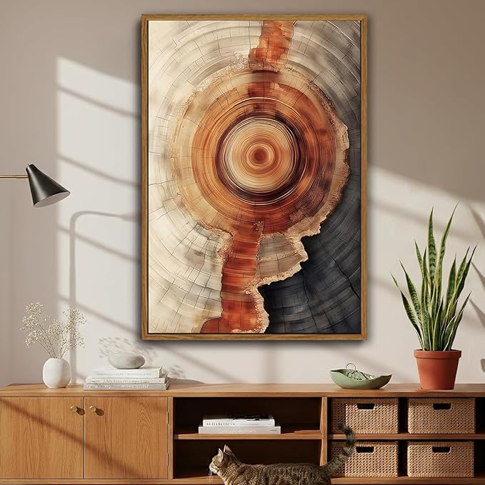 IBHJSART Framed Tree Ring Canvas Wall Art Vintage Colorful Wood Stump Painting Prints Modern Minimalist Pictures Neutral Nature Rustic Farmhouse Decor Living Room Bedroom Bathroom Office