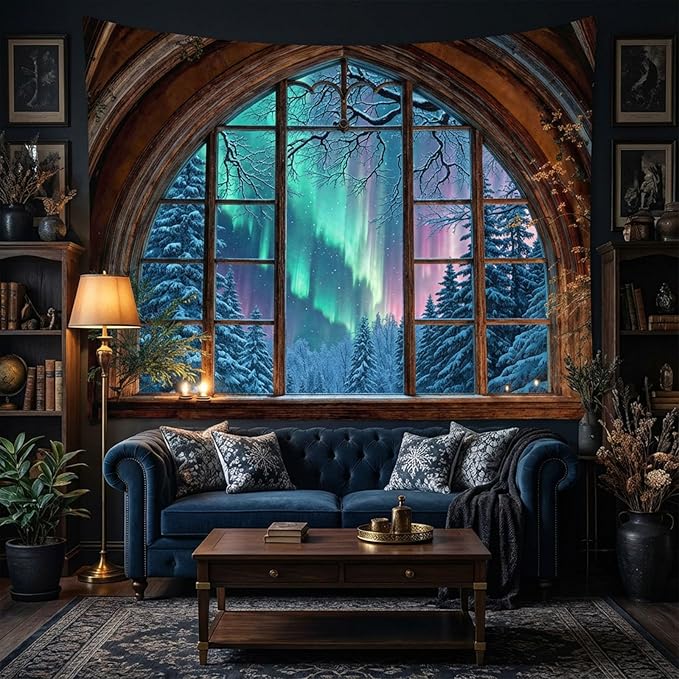 Lifeel Aurora Snowy Landscape Tapestry, Forest Winter Night Scenic Window Tapestries, Home Decor for Bedroom Living Room, 36x48 inches