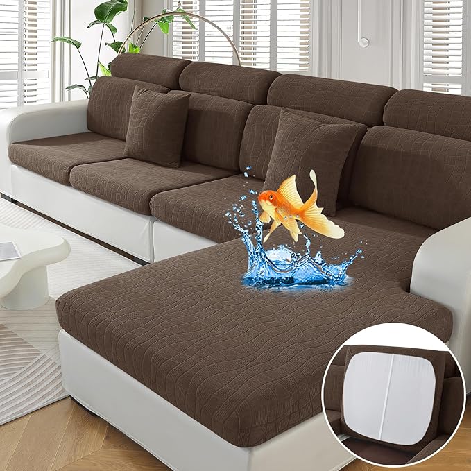 MAXIJIN Waterproof 3 Pieces Couch Cushion Covers for Sectional Sofa Seat Slipcover Stretch Sectional Couch Cover for L Shape Left/Right Chaise with Elastic Bottom (2 Seater + 1 Chaise, Light Coffee)