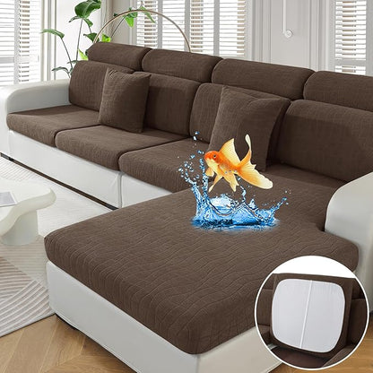 MAXIJIN Waterproof 3 Pieces Couch Cushion Covers for Sectional Sofa Seat Slipcover Stretch Sectional Couch Cover for L Shape Left/Right Chaise with Elastic Bottom (2 Seater + 1 Chaise, Light Coffee)