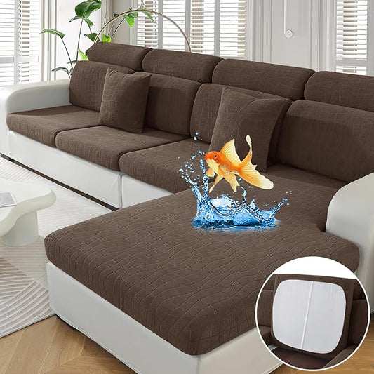 MAXIJIN Waterproof 3 Pieces Couch Cushion Covers for Sectional Sofa Seat Slipcover Stretch Sectional Couch Cover for L Shape Left/Right Chaise with Elastic Bottom (2 Seater + 1 Chaise, Light Coffee)