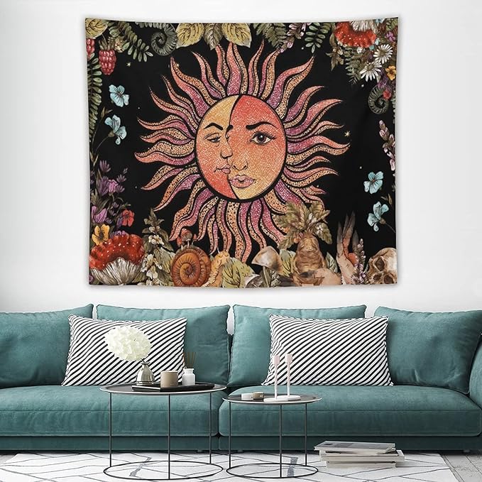 Vintage Sun Tapestry,Boho Hippie Mushroom Plant Botanical Sun and Moon Art Tapestries Wall Hanging for Dorm Living Room Bedroom Decor(50"x60")