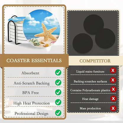 Drink Coasters with Holder,6 Pcs Beach Seaside Design, Water-Absorbent Beverage Pads for Dining Table Decor & Glass Protection