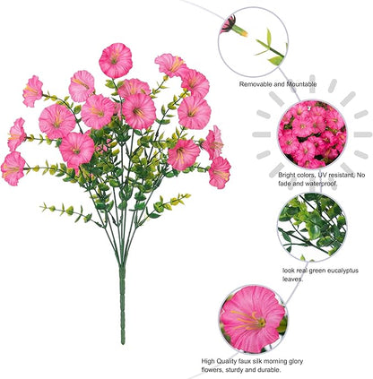 Artificial Flowers Fake Plants for Outdoors Decoration, 12 Bundles Pink Silk Morning Glory with Eucalyptus Realistic UV Resistant Faux Flowers Greenery for Outside Planter Yard Garden Home Indoor Urn