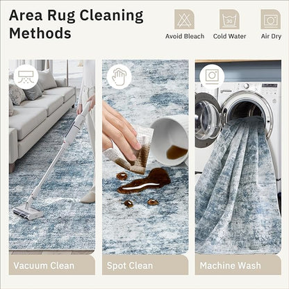 Area Rug 6x9 Abstract Rugs for Living Room 6 x 9 Washable Rugs Blue Non Slip Low Pile Rugs for Bedroom Dining Room Foldable Thin