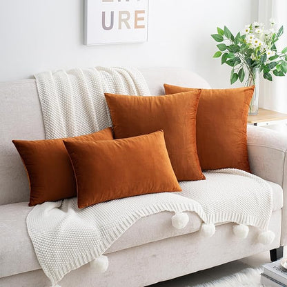 HWY 50 Burnt Orange Velvet Throw Pillow Covers 20x20 Inch, Pack of 2 Soft Cozy Solid Decorative Luxury Fall Cushion Cases for Couch Sofa Bed Living Room Bedroom