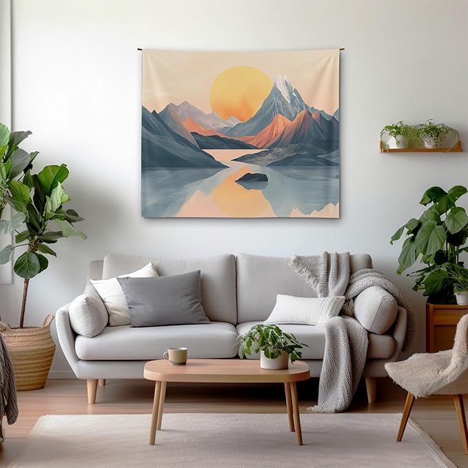 Xolytar Boho Geometric Mountain Tapestry for Nursery & Office – Minimalist Abstract Sunset Wall Art, Mid Century Modern Nature Landscape Wall Hanging for Baby Room, Zoom Background (60x50)
