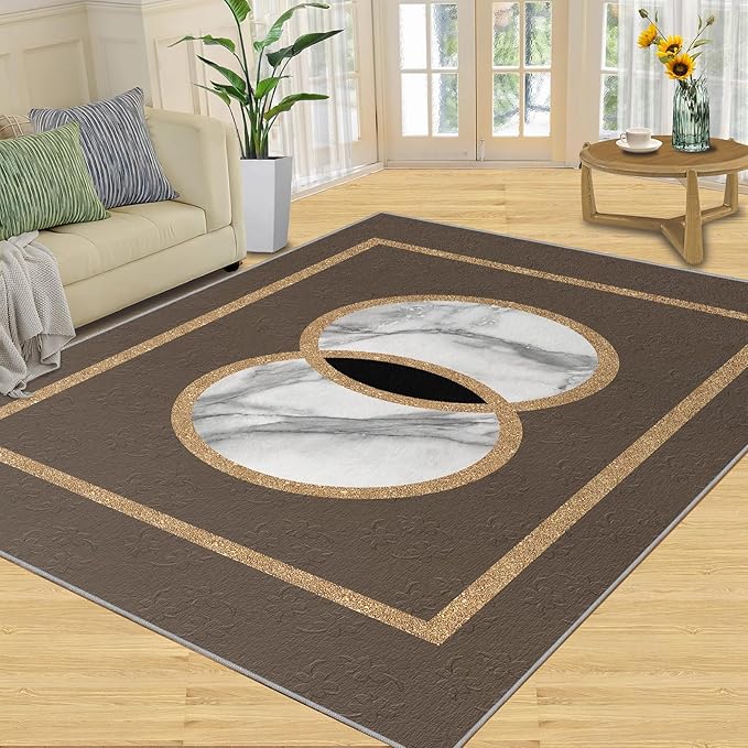Brown Marble Bedroom Rug Vintage Mid-Century Geometric Rug Marble Pattern Decor Rugs Circle Rectangle Gilded Geometry Floor Mat Elegant Decor for Living Room 6x9ft
