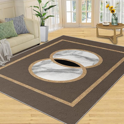 Brown Marble Bedroom Rug Vintage Mid-Century Geometric Rug Marble Pattern Decor Rugs Circle Rectangle Gilded Geometry Floor Mat Elegant Decor for Living Room 7x10ft