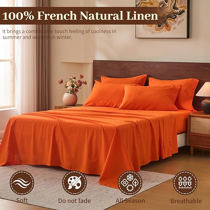 MEISHANG 100% French Pure Linen Sheets California King - Bed Sheets 4 Piece Sets, Soft Durable Flax Linen, Anti-Tear Breathable Oeko-Tex Certified with 16" Deep Pocket (Orange)