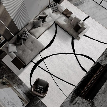 YIHOUSE Curve 9x12ft Modern Washable Area Rug for Living Room Bedroom - Large Abstract Black and White Rug Non-Slip Ultra-Thin Home Decor