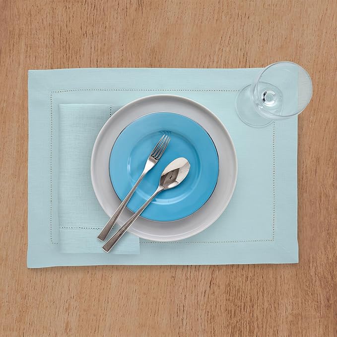 Solino Home Linen Cloth Placemats Set of 4-100% Pure Linen Hemstitch Aqua Blue Placemats 14 x 19 Inch - Classic Hemstitch Table Place Mats for Winter