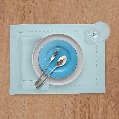 Solino Home Aqua Blue Linen Napkins Set of 4-100% Pure Linen Hemstitch Dinner Napkins 20 x 20 Inch for Winter - Classic Hemstitch