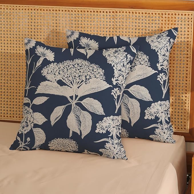 Blue Pillow Covers 18x18 Set of 2 Boho White Floral Throw Pillows Hydrangea Herbs Botanical Decoration Pillowcase Linen Farmhouse Vintage Flower Cushion Case Outdoor Decorative for Couch Sofa