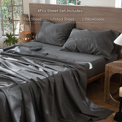 MooMee Bedding Sheet Set 100% Washed Cotton Linen Like Textured Breathable Durable Soft Comfy (Heathered Dark Grey, King)