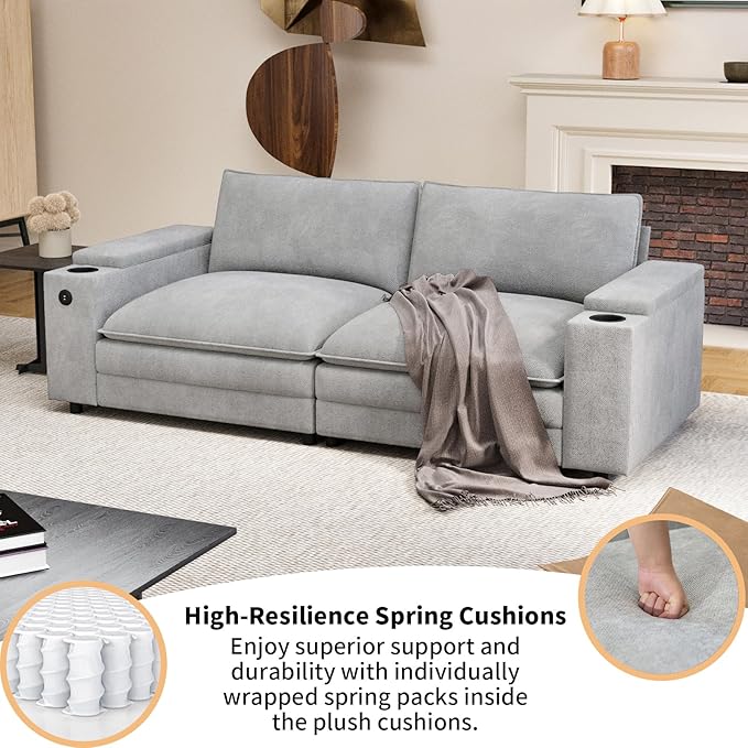 81.5" Loveseat Cloud Sofa Couch with Storage Armrest, Cup Holders, USB & Type-C Ports, Spring Cushions, Solid Wood Frame, Chenille Modular Sectional for Living Room