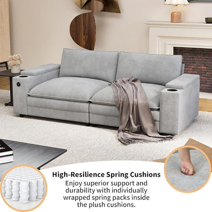 81.5" Loveseat Cloud Sofa Couch with Storage Armrest, Cup Holders, USB & Type-C Ports, Spring Cushions, Solid Wood Frame, Chenille Modular Sectional for Living Room