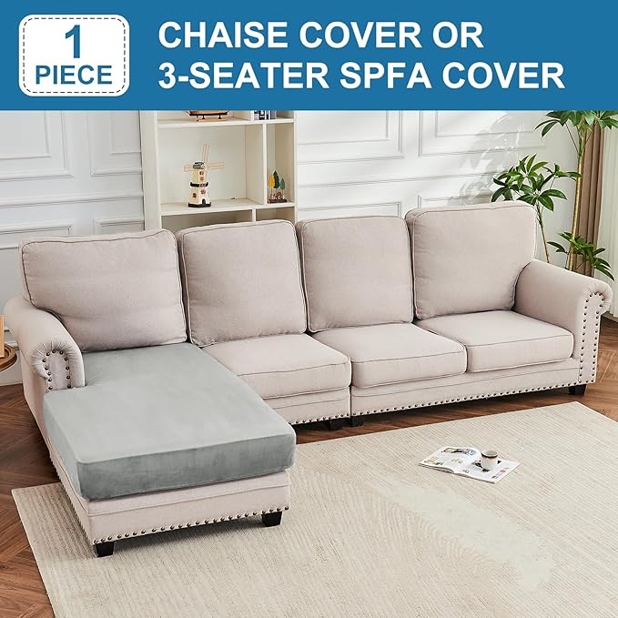 Couch Cover Velvet Chaise Cushion Cover for Sectional Sofas - Elastic L-Shaped Sofa Seat Covers Washable, Slipcover Protector (1-Piece, Light Grey)