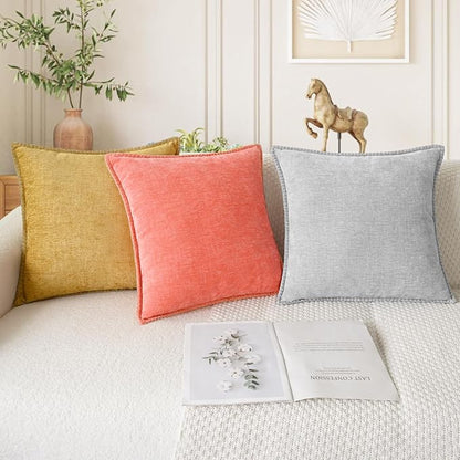CaliTime Throw Pillow Covers Decorative 16 X 16 Inches Pack of 2 Cotton Thread Stitching Edges Solid Dyed Soft Chenille Cushion Cases for Couch Sofa Bed Living Room Farmhouse Living Coral