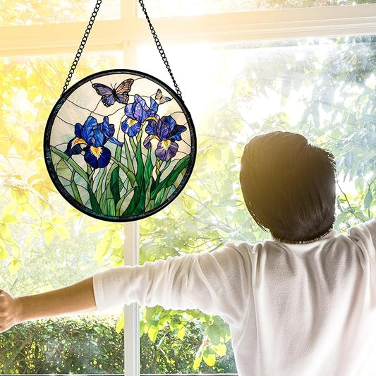 DASTOLL Stained Glass Window Hanging, Blue Purple Butterfly Flower Suncatcher Diamond Colorful Glass Panel Sun Catchers Decor for Birthday for Women, Men, Wife, Aunt, and Mom 9.8 in
