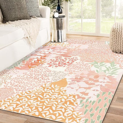 DEXDE 5x7 Area Rugs, Washable Non-Slip Abstract Boho Soft Rug for Living Room Bedroom,Leaves Floral Print Large Carpet for Entryway Playroom Office, Pink
