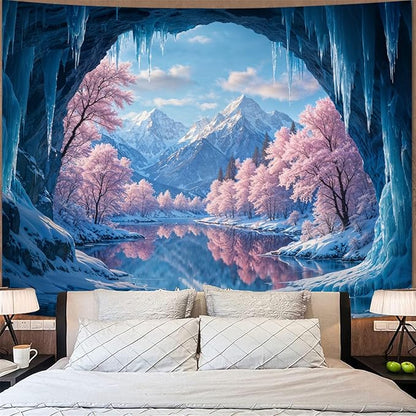 kampdream Fantasy Winter Scenery Tapestry, Ice Cave Landscape with Frozen Lake and Cherry Blossom Forest Wall Hanging, Landscape Nature Home Decor for Bedroom and Living Room Wall Art Decoration