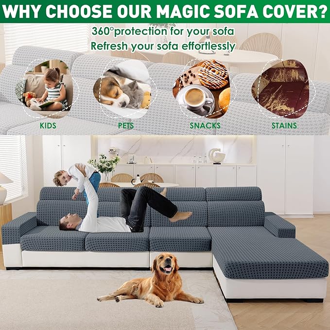MAXIJIN Couch Cushion Covers for Sectional Sofa, Stretch Sofa Cushion Cover Washable Furniture Protector with Elastic Bottom & Non-Slip Strap for Pets Kids (3PC Seat Cover, Dark Gray)