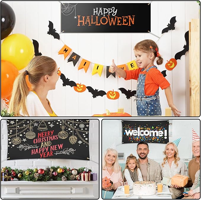 2 Pieces Large Banners Signs Polyester Oxford Cloth Sublimation Banner with Rope for Indoor Wall Outdoor Easy Hang Sign DIY Banner Sign for Business Office Supply (Black,2 x 4 Feet)