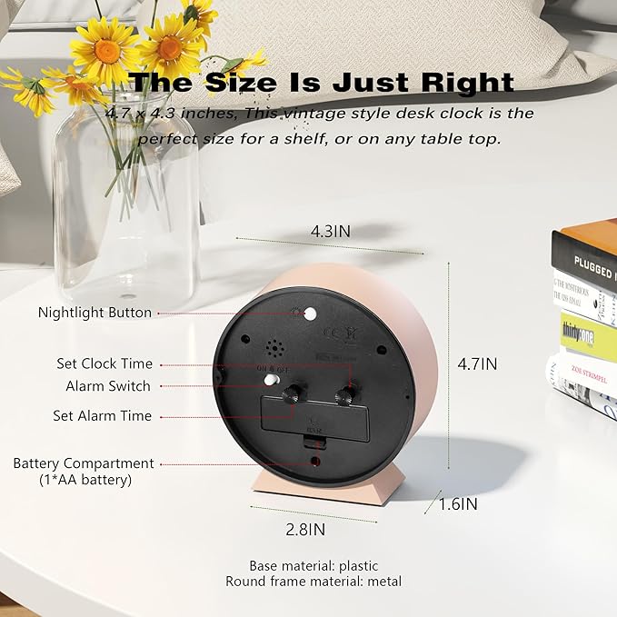 AYRELY® 4.5" Analog Alarm Clock,Small Retro Desk Clock Battery Operated,Slient Metal Table Clock with Light for Living Room Decor,Bedroom,Bedside,Shelf(Light Pink)