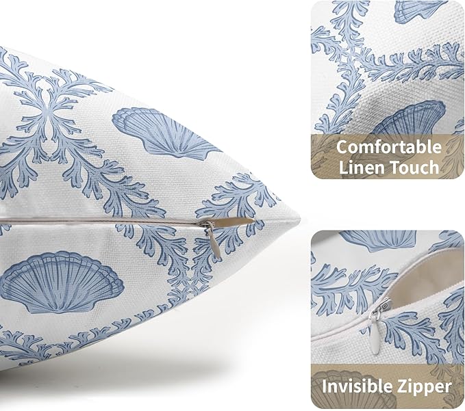 Light Blue Coastal Lumbar Pillow Covers 12x20 Set of 2 Ocean Coral Shell Outdoor Decorative Linen Summer Throw Pillows Cases with Zipper Cushion Cover Rustic Decoration Farmhouse Sofa Couch Bed Decor
