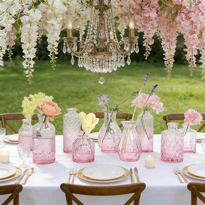 Pink Ombré Glass Bud Vase Set of 12, Vintage Embossed Mini Flower Vases for Centerpieces, Wedding, Bridal Shower, Baby Shower, Birthday Party, Decorative Small Glass Bottles for Home Decor