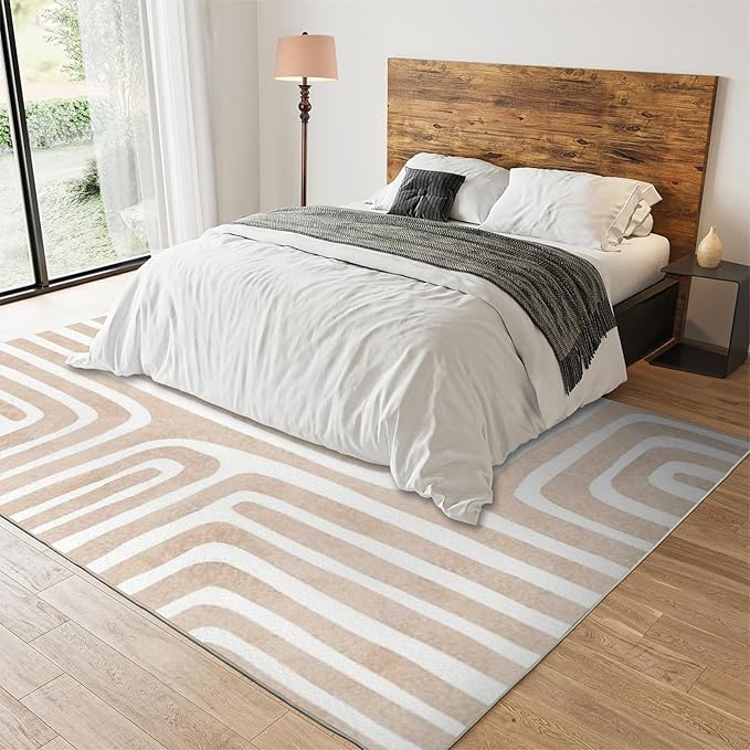 Yellow White Striped Abstract Boho Area Rug, Cream Brown Nordic Rainbow Print Large Rugs, Machine Washable Breathable Durable Carpet for Room Sofa Living Room Mat Bedroom Home Decor,4 x 6ft