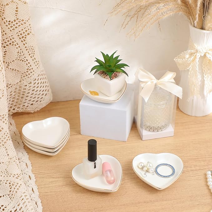 Shappy 6 Pcs White Ceramic Jewelry Tray 4.5 in Ring Holder Trinket Dish for Christmas Friendship Wedding Birthday Gifts(Heart)