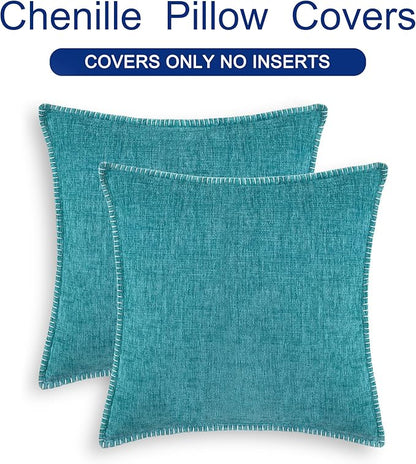 CaliTime Throw Pillow Covers Decorative 24 X 24 Inches Pack of 2 Cotton Thread Stitching Edges Solid Dyed Soft Chenille Cushion Cases for Couch Sofa Bed Living Room Farmhouse Lake Blue
