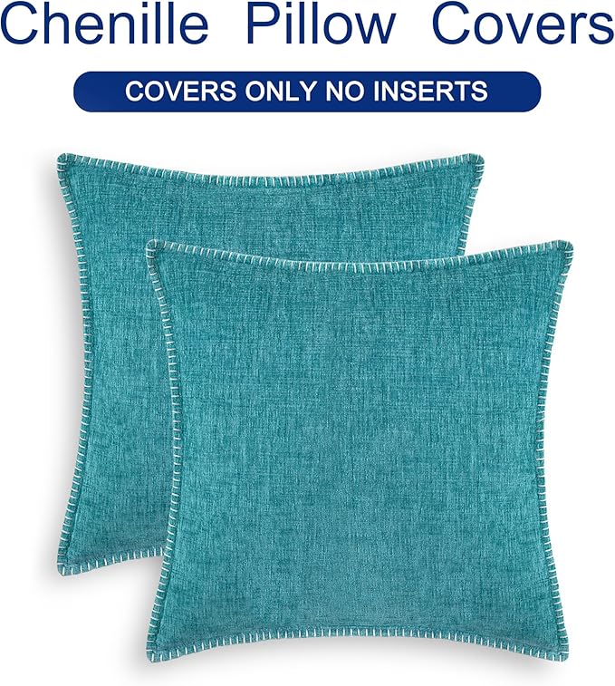 CaliTime Throw Pillow Covers Decorative 18 X 18 Inches Pack of 2 Cotton Thread Stitching Edges Solid Dyed Soft Chenille Cushion Cases for Couch Sofa Bed Living Room Farmhouse Lake Blue
