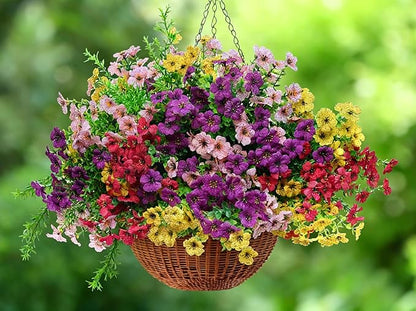 16 Bundles Artificial Flowers–UV Resistant Faux Mums for Garden, Patio, Porch & Home Décor, Realistic Fake Flowers for Weddings & Outdoor Planters (Pink, Yellow, Rose Red, Purple Mix)