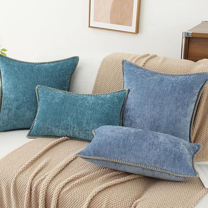decorUhome Spring Chenille Soft Throw Pillow Covers 12x20 Set of 2, Lumbar Velvet Farmhouse Neutral Decorative Pillow Covers with Stitched Edge for Couch Sofa Bed Home Decor, Teal