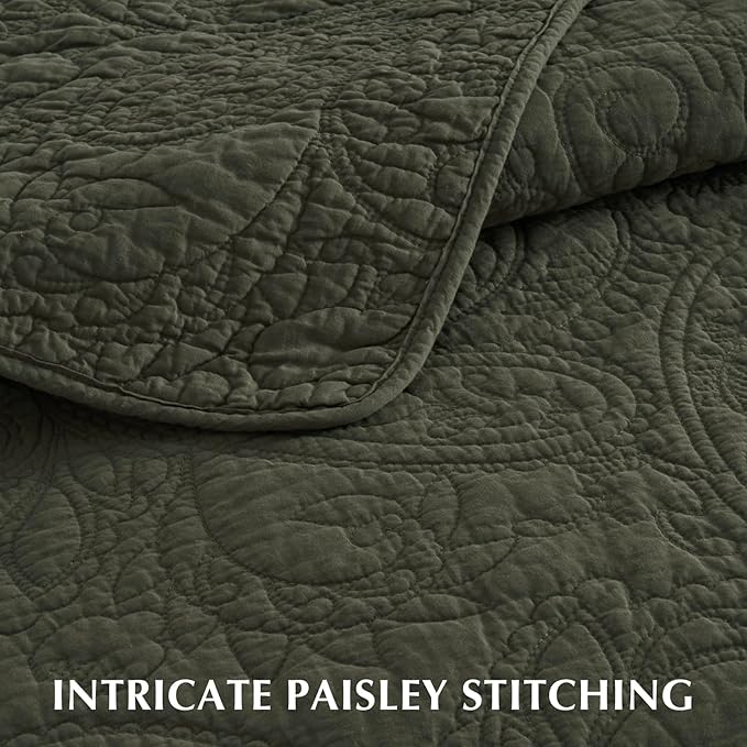 EVERGRACE 100% Cotton Paisley Quilt Set, King Size 3 Piece Set – Prewashed Lightweight Bedspread with 2 Shams, Soft & Breathable Matelasse Coverlet for All-Season Comfort, Olive Green