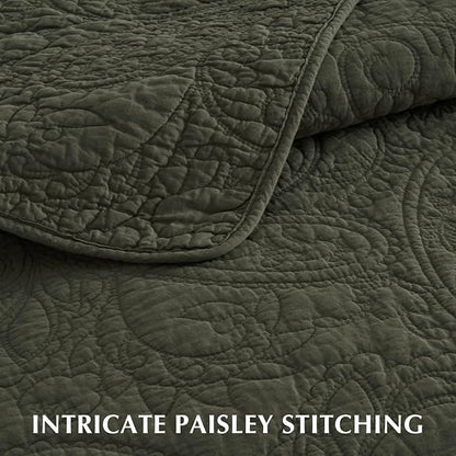 EVERGRACE 100% Cotton Paisley Quilt Set, King Size 3 Piece Set – Prewashed Lightweight Bedspread with 2 Shams, Soft & Breathable Matelasse Coverlet for All-Season Comfort, Olive Green