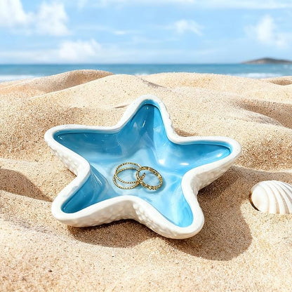 Starfish Ceramic Jewelry Trinket Tray, Blue White Decorative Ring Holder Dish for Rings, Earrings, Necklaces, Bracelets, Watches, Keys
