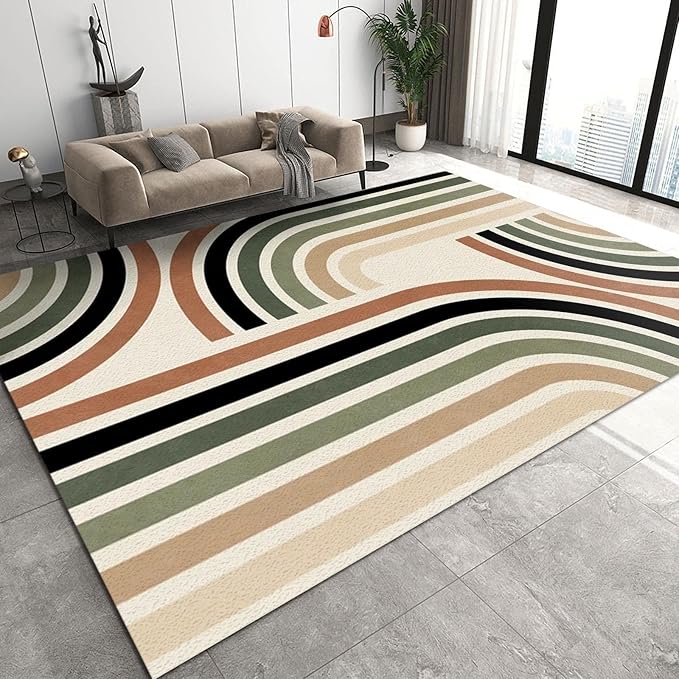 Boho Nordic Rainbow Area Rug, Geometry Dark Green Curved Hook Art Home Decor Rug, Indoor Non-Slip Kids Rugs, Machine Washable Breathable Durable Carpet for Front Entrance Floor Decor,3 x 5ft