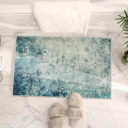 Lahome Modern Abstract Area Rug - Small 2x3 Washable Entryway Rugs Non-Slip Low Pile, Accent Throw Carpet for Kitchen Bath Mats Laundry Front Indoor Doormat,Blue/Grey