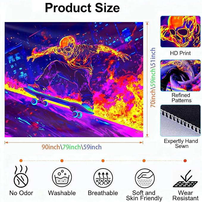 seewan Black Light Skull Tapestry, Glow-in-the-Dark UV Neon Street Art & Graffiti Wall Hanging, Cool Psychedelic Skull Skater Poster Tale, Bedroom Dorm Living Room Background Decor