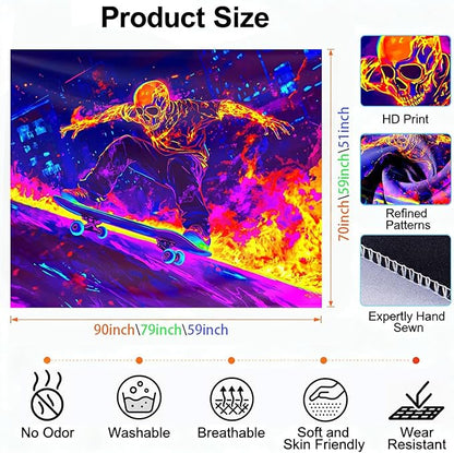 seewan Black Light Skull Tapestry, Glow-in-the-Dark UV Neon Street Art & Graffiti Wall Hanging, Cool Psychedelic Skull Skater Poster Tale, Bedroom Dorm Living Room Background Decor