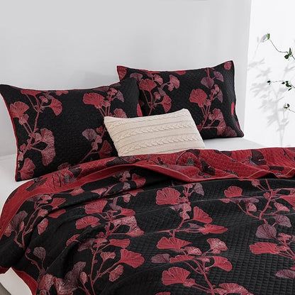 100% Cotton Muslin Jacquard 2 Piece Quilt Set Floral Ginkgo Leaf Print, Soft 3 Layers Gauze Bed Cover Reversible Bedspread Coverlet Breathable Lightweight Bedding Set, Twin