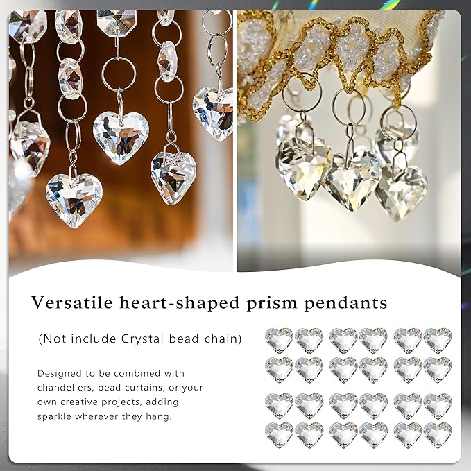 HDCRYSTALGIFTS 24pcs Heart Prisms Suncatchers 20mm Clear Crystal Beads Rainbow Maker Sun Catchers Chandelier Crystals Drop Parts Glass Wedding Valentine's Day Decorations