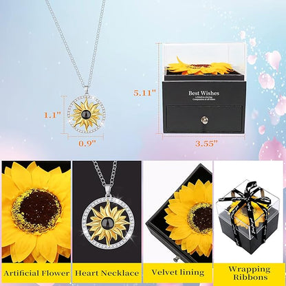 Sunflower Gifts for Women Artificial Sunflowers Gift for Her Mom Wife with Necklace in 100 Texts I Love You on Mother's Day Birthday Christmas Gifts Sunflower Decor